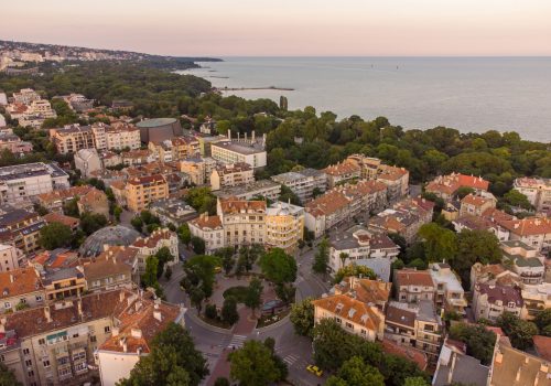 aerial top view of the beautiful city of Varna at sunset, Bulgaria